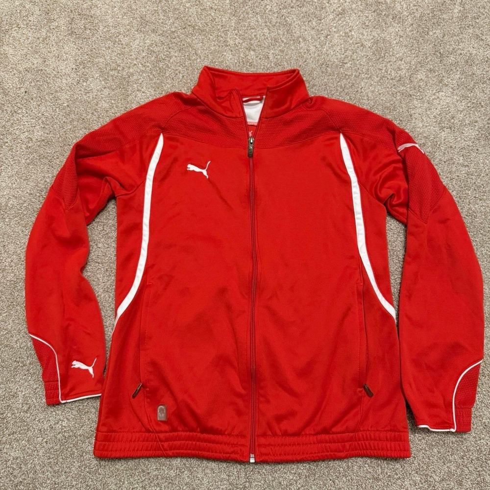 Puma Track Jacket Kids Large Red White Full Zip Mock Neck Logo 652426